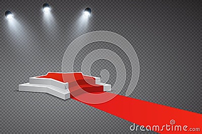 Star shaped podium with red carpet and spotlights Vector Illustration